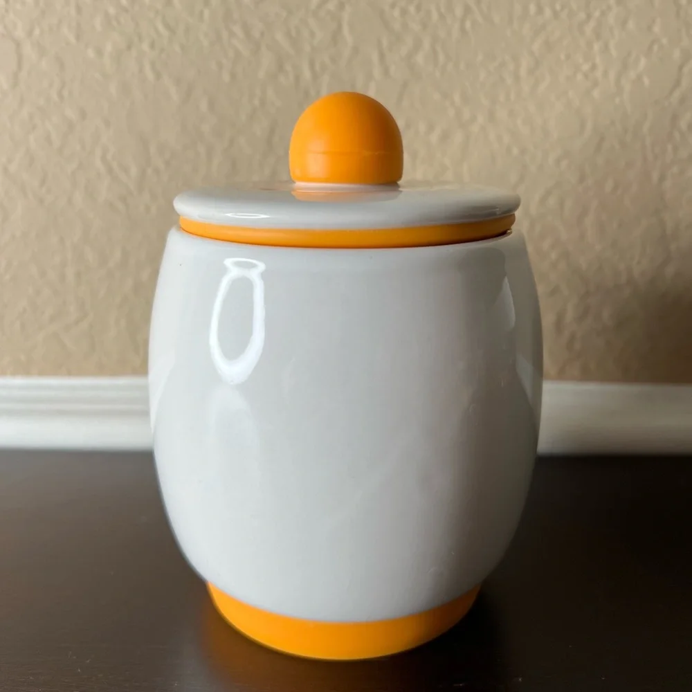 Vintage White Ceramic, Yellow/ Orange Sugar Bowl, Dish, Honey Jar, Pot, candy
